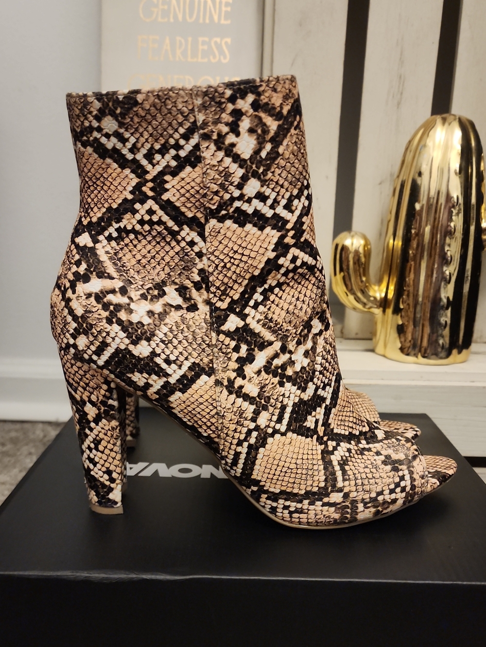 Fashion Nova Tan and Black Snake-Print Peep-Toe Ankle Booties